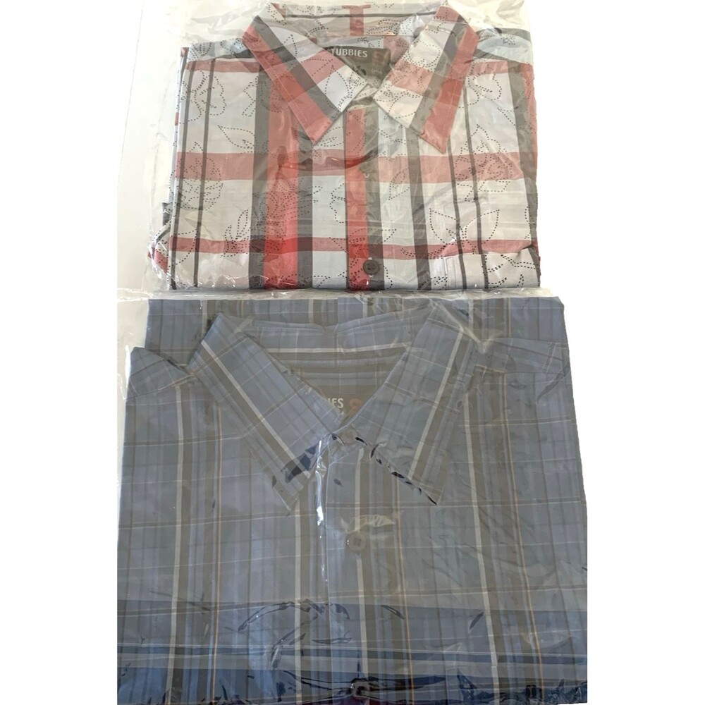 Lot of 2 Stubbies Shirt Mens Short Sleeve Large Red & Blue Plaid 100% Cotton